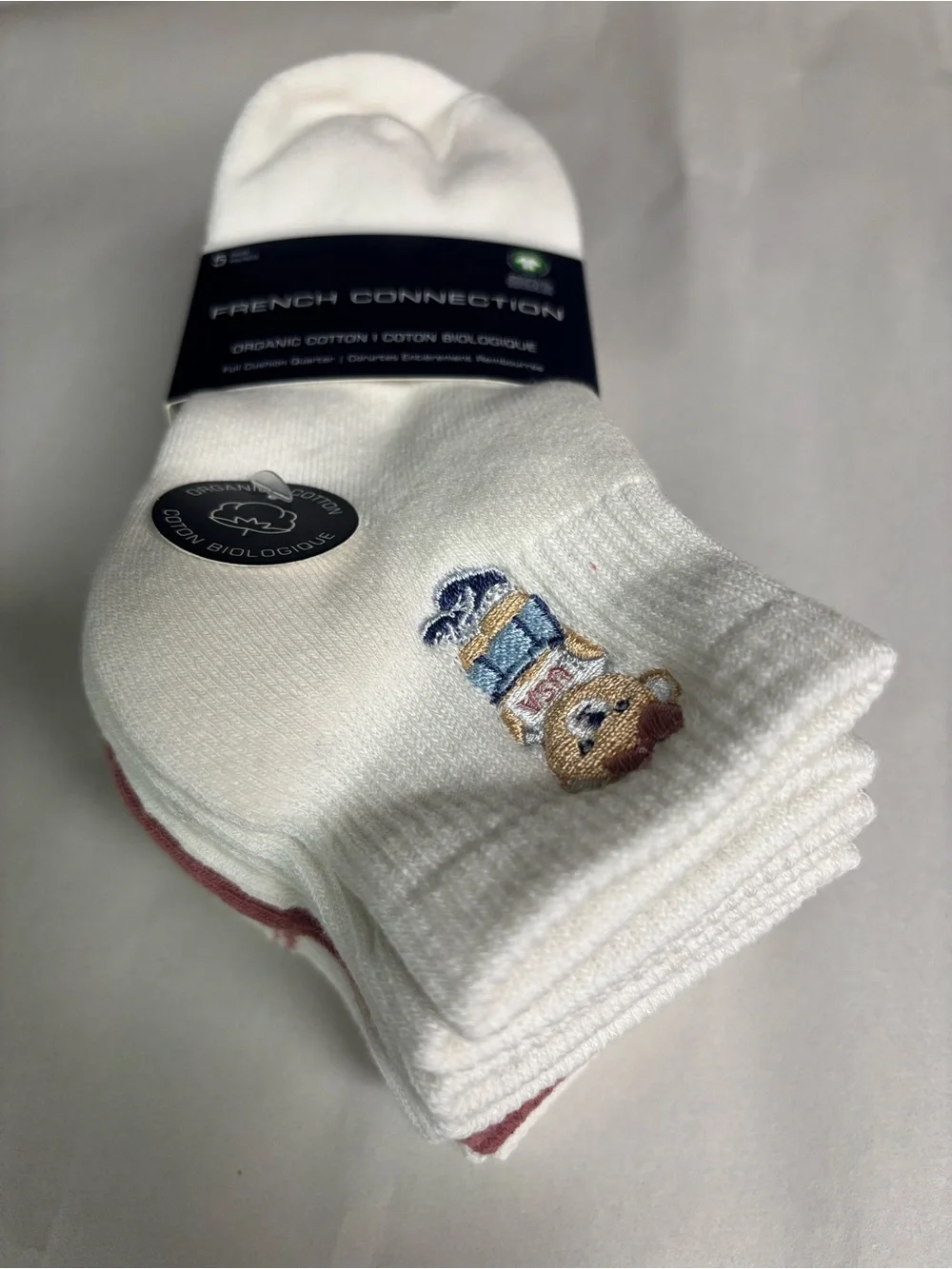 New French Connection Socks Women’s 5 Pair White & Pink Bear & Bows Quarter Sock